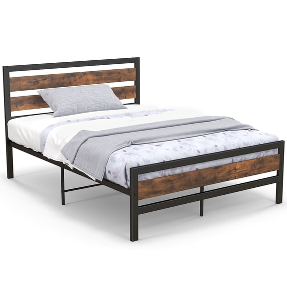 Infans Full Industrial Metal Platform Bed Frame Rustic Headboard Mattress Foundation