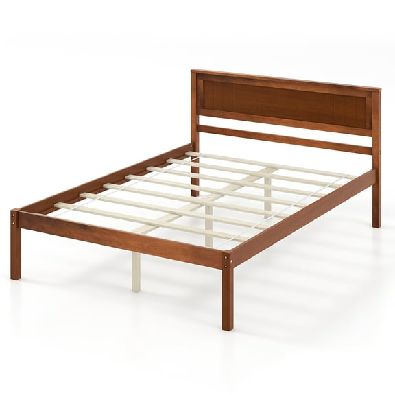 Infans Full Size Wooden Platform Bed Frame with Headboard Mattress Foundation Walnut