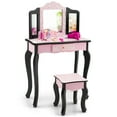 thumbnail image 1 of Infans Kid Vanity Set Wooden Makeup Table Stool Tri-Folding Mirror Leopard Print Pink, 1 of 7
