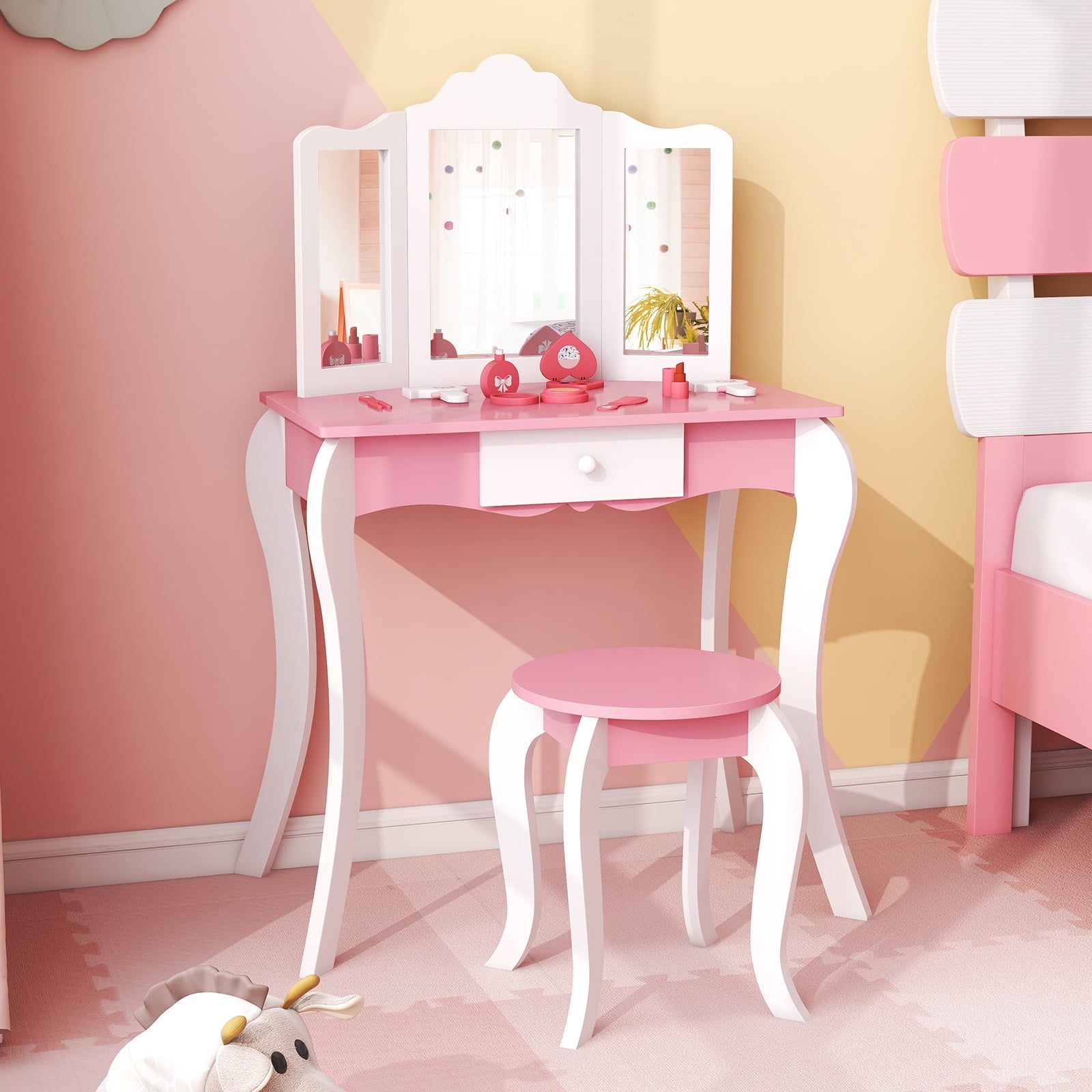Infans Kid Vanity Table and Chair Detachable Tri-Folding Mirror Pretend  Play Makeup Set - Walmart.com