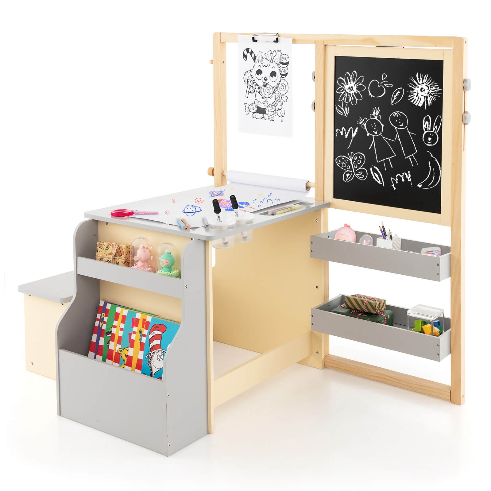 Infans Kids Art Center Wooden Table Bench Set Adjustable Double-Sided Easel Storage