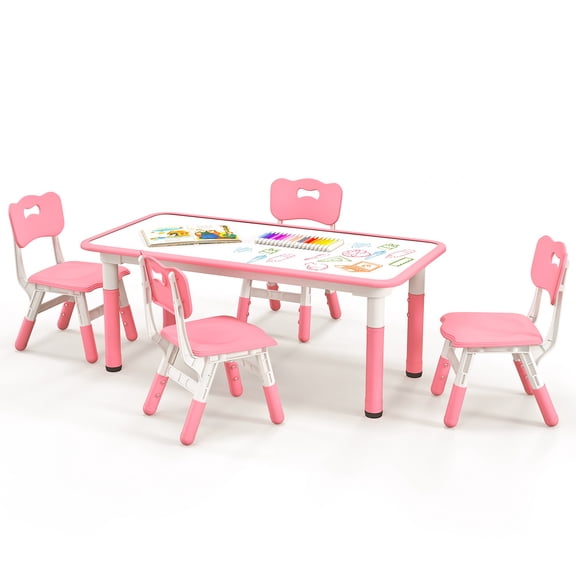 Infans Kids Height Adjustable Table and 4 Chairs Set with Graffiti Desktop Pink