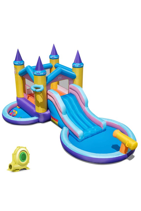 Kids Inflatable Water Slide w/ Slide Splash Pool Water Cannon with 735W Blower
