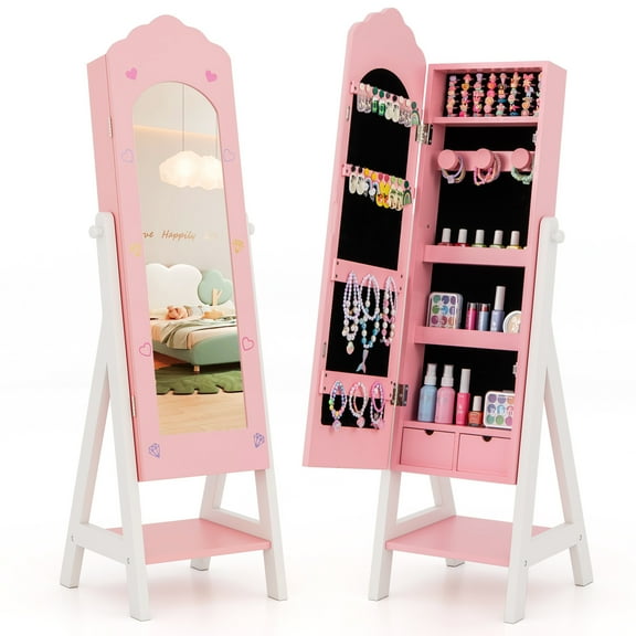 Infans Kids Jewelry Cabinet Standing Children Jewelry Organizer w/ Full-Length Mirror