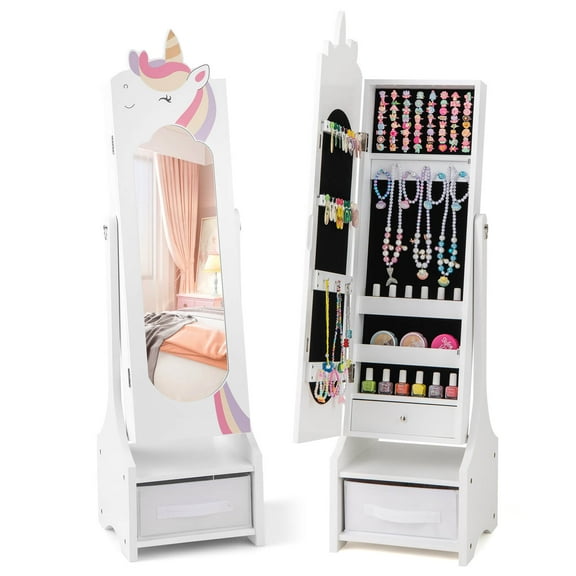 Infans Kids Jewelry Cabinet with Full-Length Mirror 2 Adjustable Tilt Angles Drawer