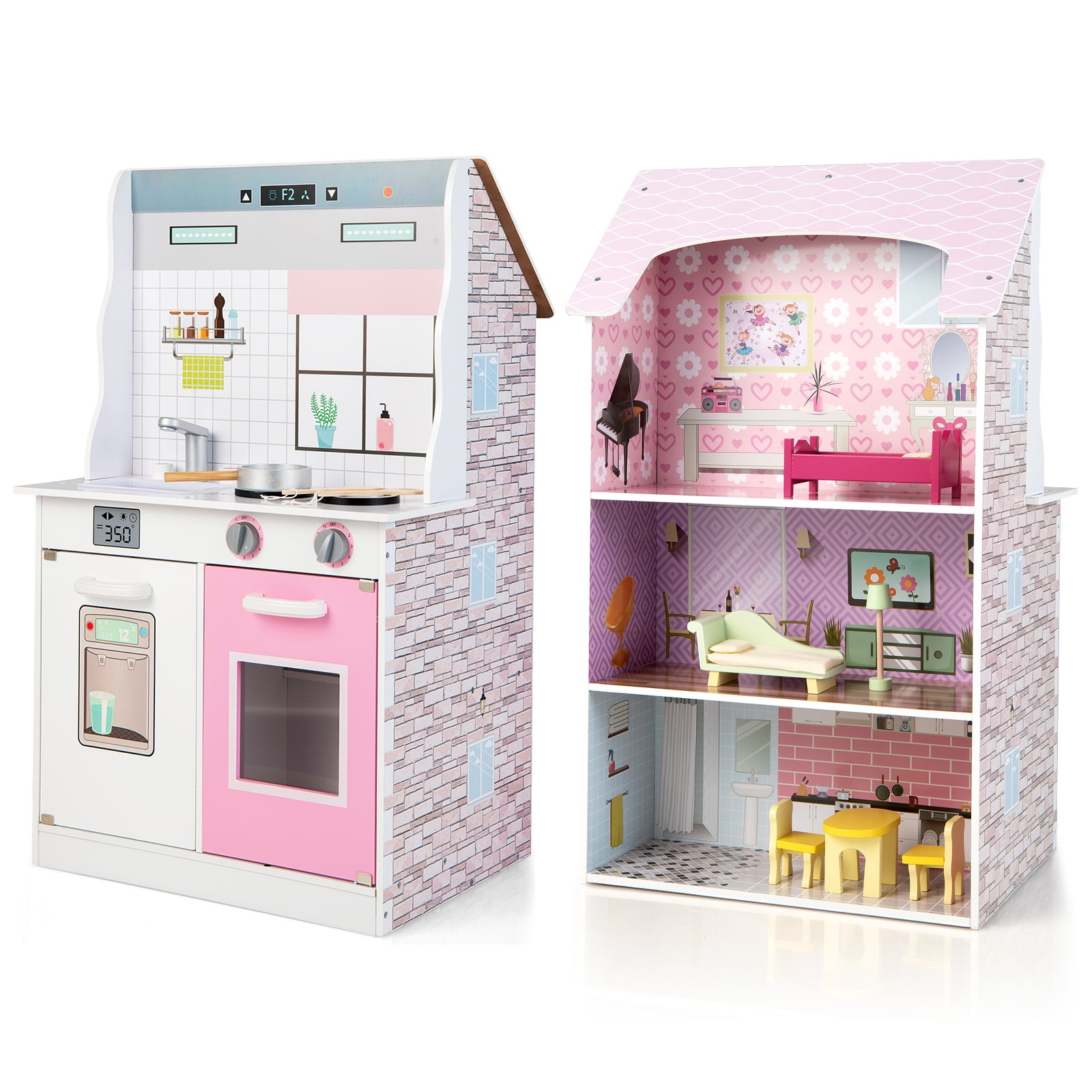 Infans 2-In-1 Doll Play Kitchen Set Dollhouse with Accessories