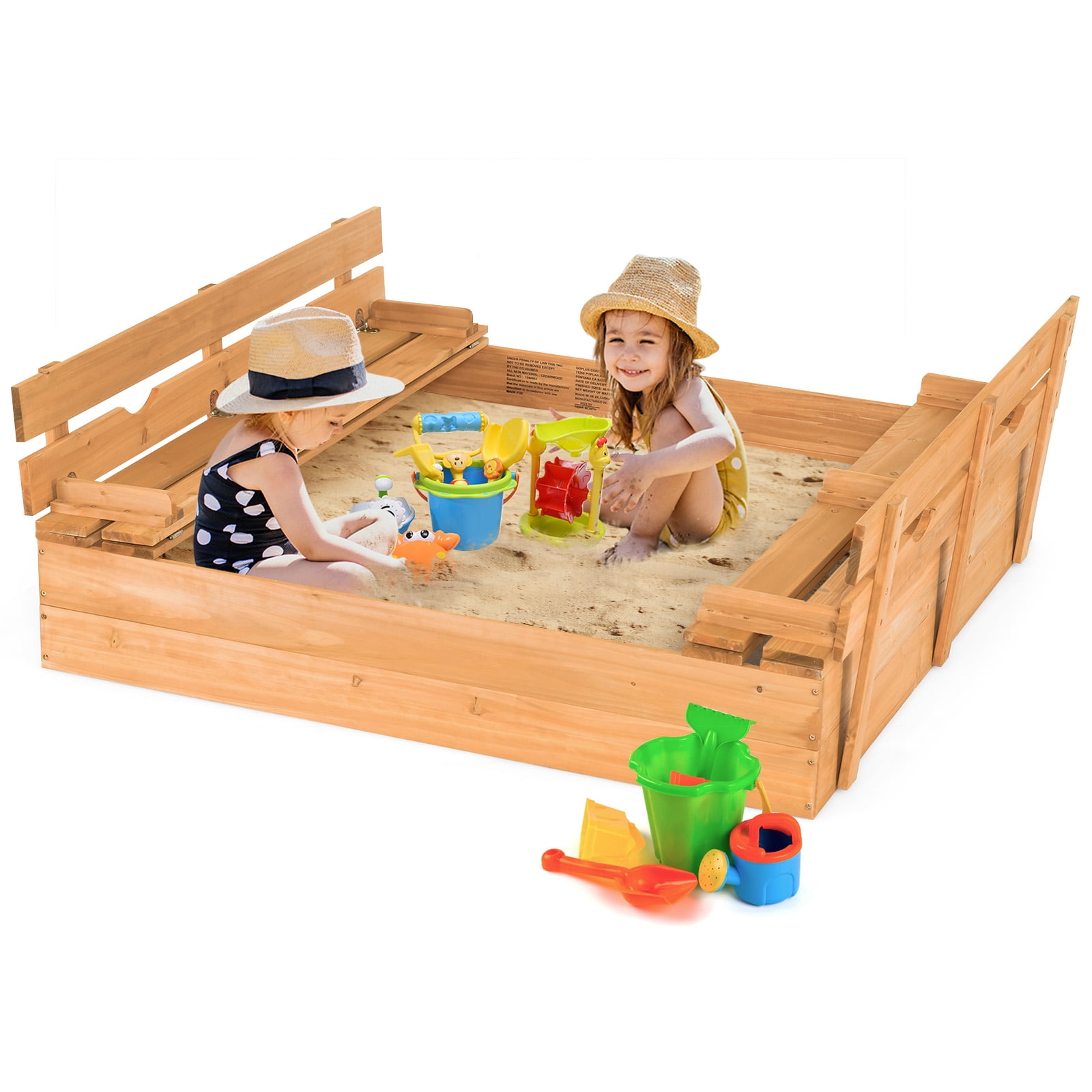 Infans Kids Large Wooden Sandbox w/Cover 2 Convertible Bench Seats for Outdoor Play