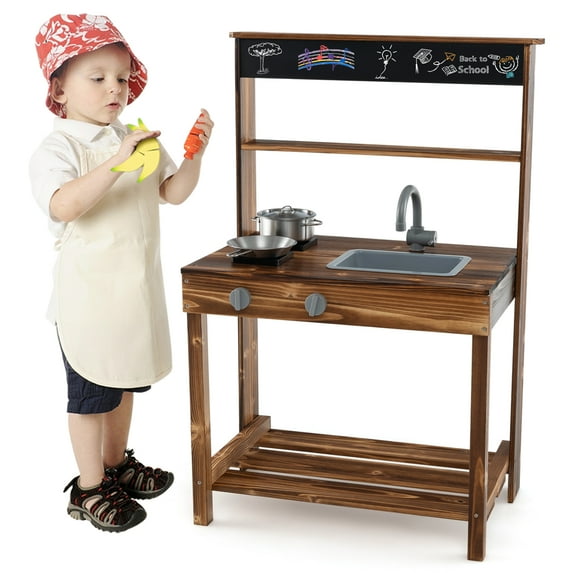 Infans Kids Mud Kitchen Play Kitchen with Blackboard, Stoves, Removable Sink Natural