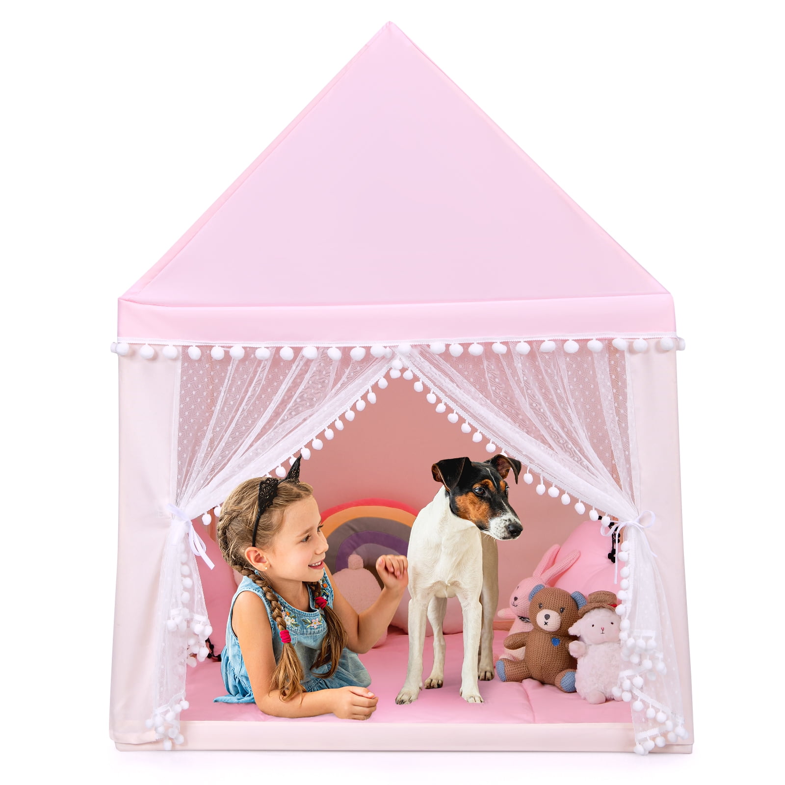 Pink Fairy Castle Kids Play Tent with Washable Mat and Windows
