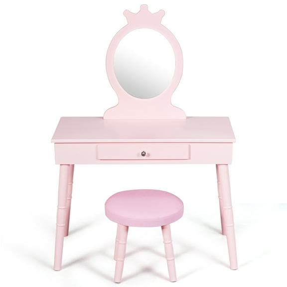 Infans Kids Vanity Makeup Table & Chair Set Make Up Stool Play Set for Children Pink
