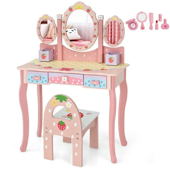 Infans Kids Vanity Princess Makeup Dressing Table Chair Set w/ Tri-fold Mirror Pink