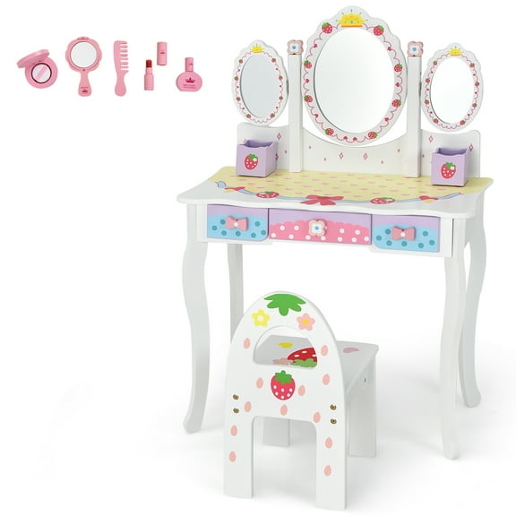 Infans Kids Vanity Princess Makeup Dressing Table Chair Set w/ Tri-fold Mirror White
