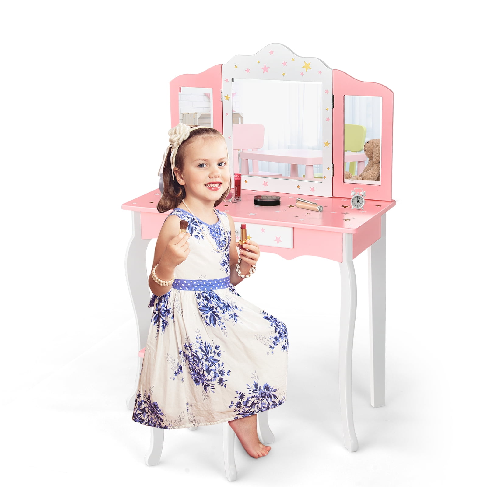 BRINJOY Kids Vanity Set with Mirror, Wooden Make Up Beauty 