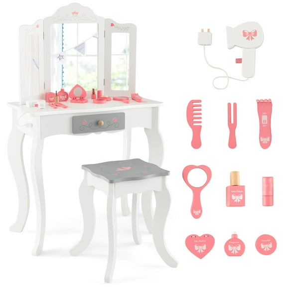 Infans Kids Vanity Set Makeup Table & Chair Tri-folding Mirror Sweet Accessories White