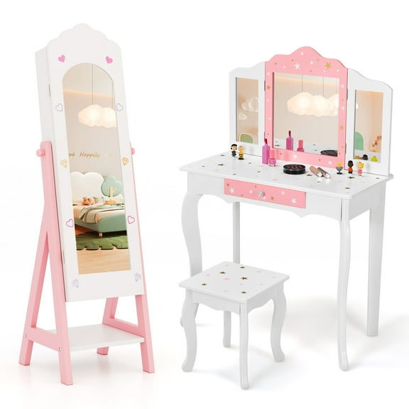 Infans Kids Vanity Set Princess Makeup Dressing Table and Chair Set w/ Jewelry Armoire