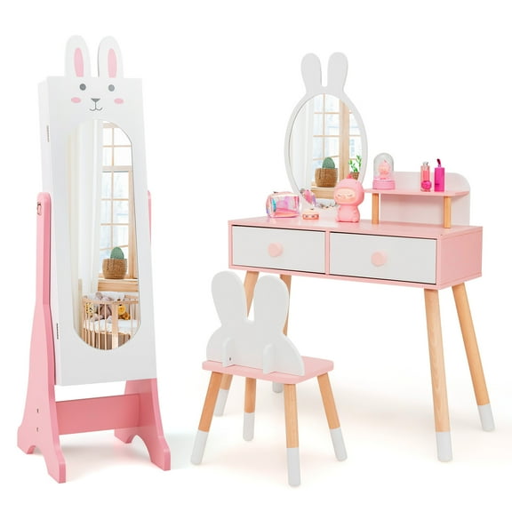 Infans Kids Vanity Set Princess Makeup Dressing Table and Chair Set w/ Jewelry Armoire