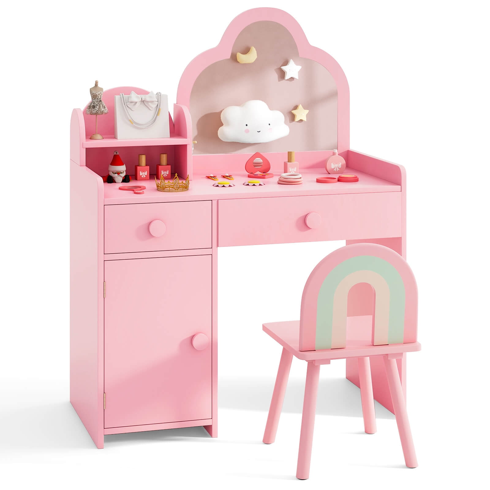 Infans Kids Vanity Table and Chair Set w/Cloud-shaped Mirror Open Shelf