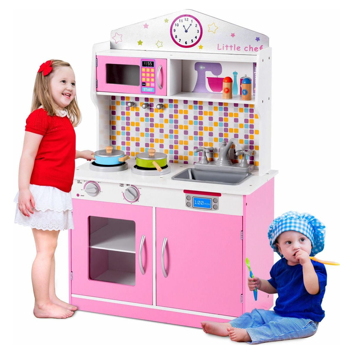 Infans Kids Wood Pretend Cooking Playset Kitchen Toys Cookware Play Set