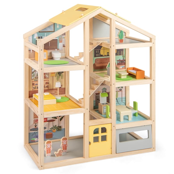 Infans Kids Wooden Dollhouse with 7 Rooms 18 Pcs Furniture Accessories 2 Figures