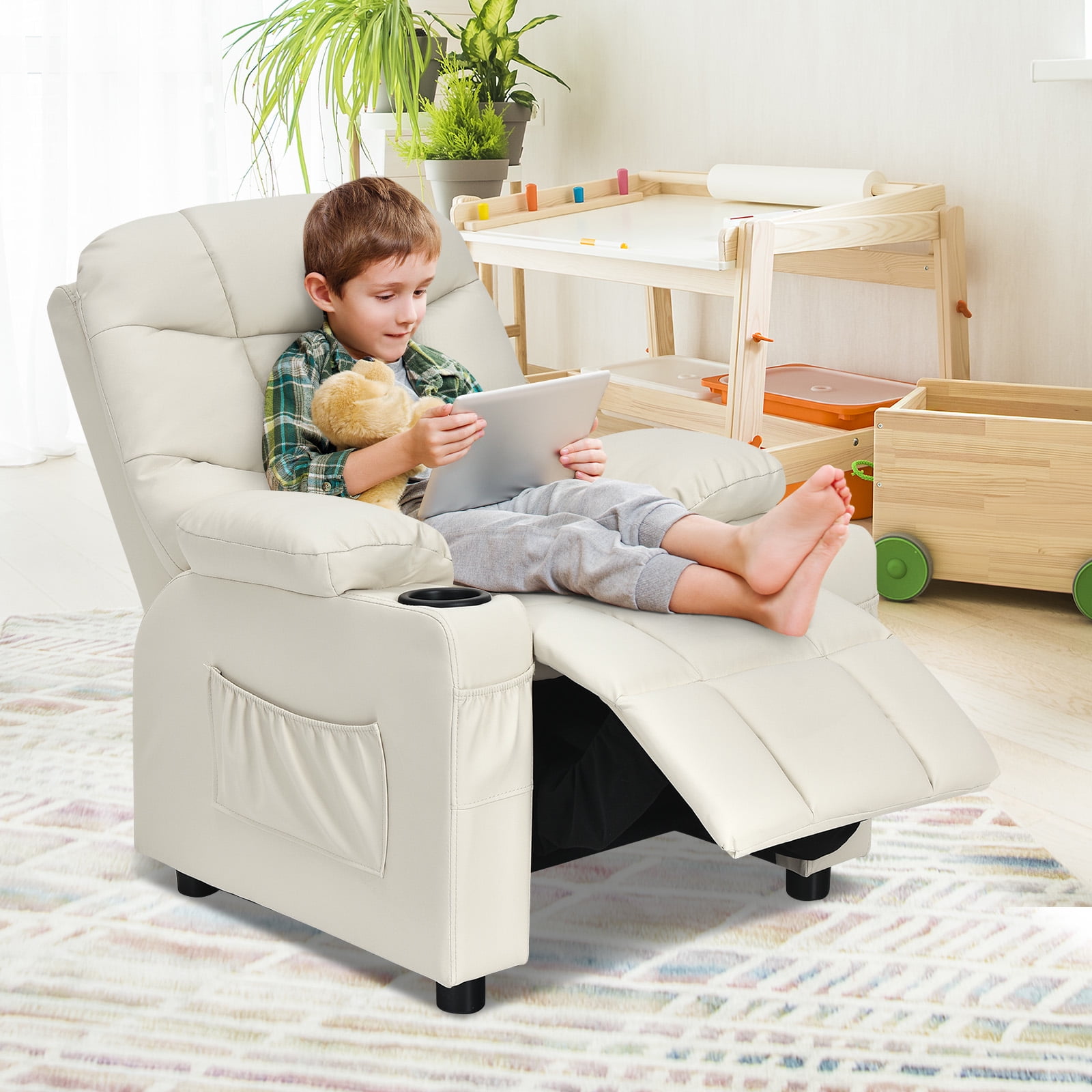 Infans Kids Youth Recliner Chair PU Leather w Cup Holders Side