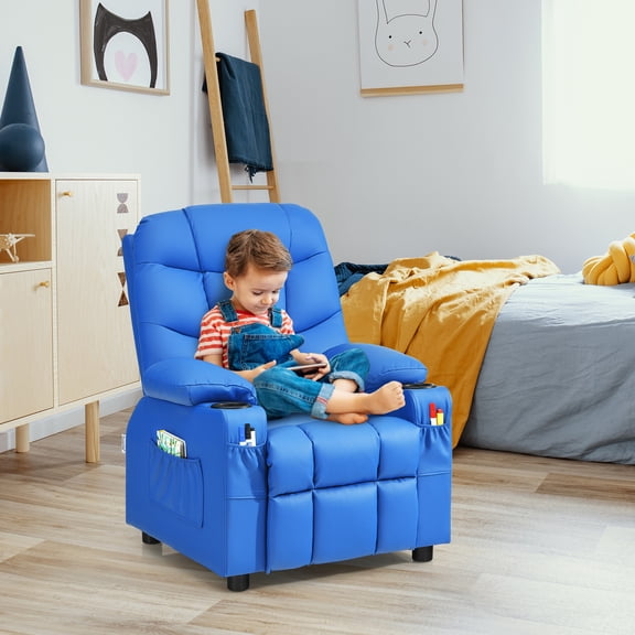 Infans Kids Youth Recliner Chair PU Leather w/Cup Holders & Side Pockets Blue