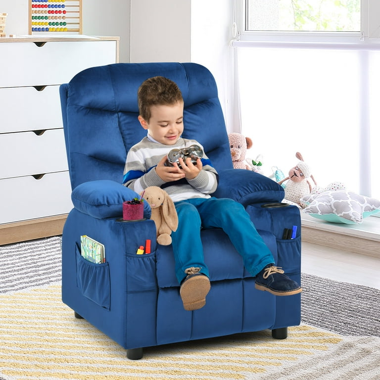 Kids Recliner Chair with Side Pockets and Footrest Blue