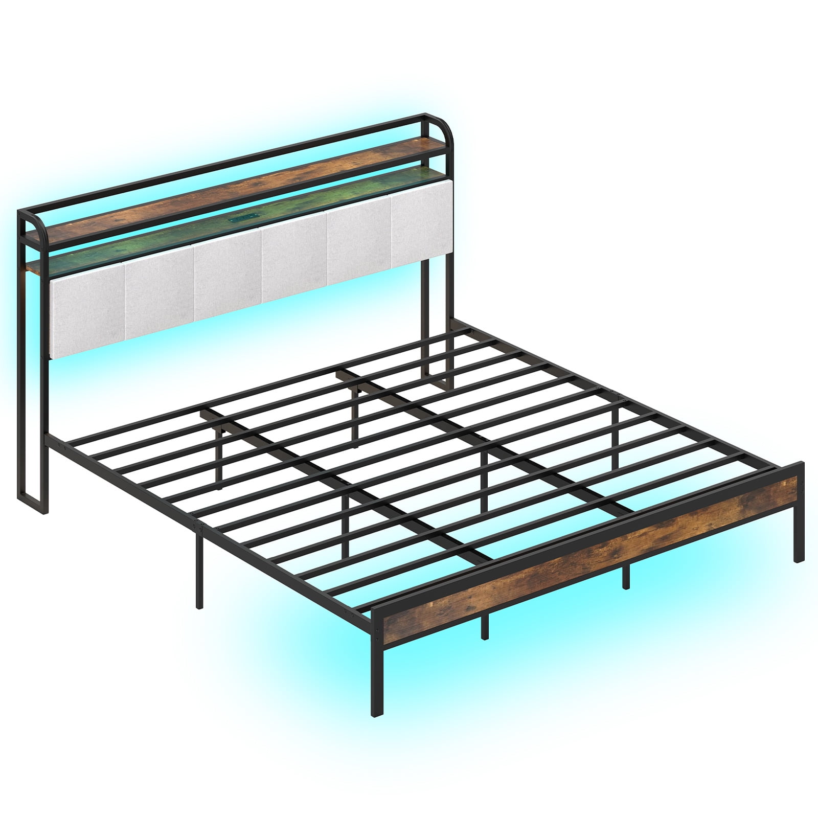 Infans King Size Bed Frame w/LED Light & Charging Station Heavy Duty Metal Platform Bed