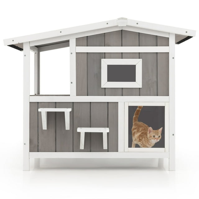 Infans Outdoor Feral Cat House 2Story Wooden Cat Shelter with Escape