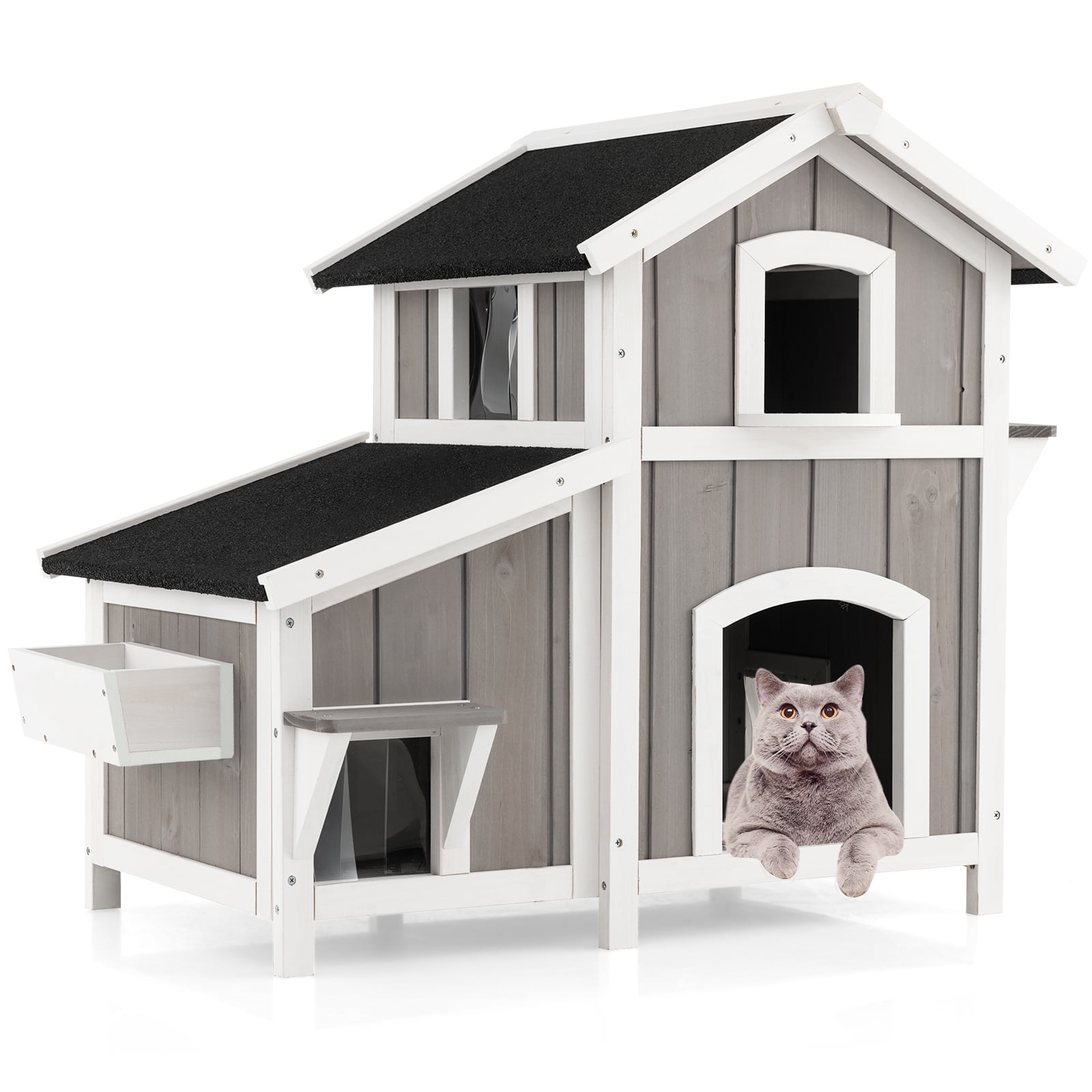 Infans 2Storey Outdoor Cat House, Solid Fir Wood Shelter with Escape