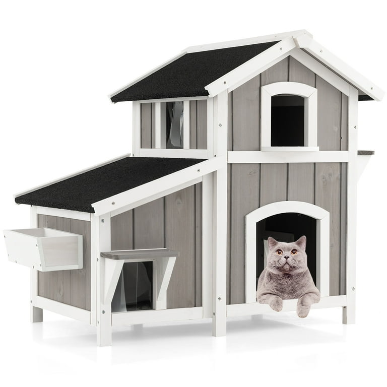 Infans 2-Storey Outdoor Cat House, Solid Fir Wood Shelter with