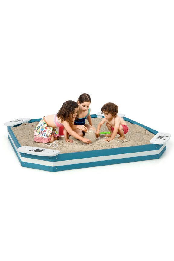 Outdoor Wooden Sandbox w/ Animal Patterns Seats Backyard Bottomless Sandpit