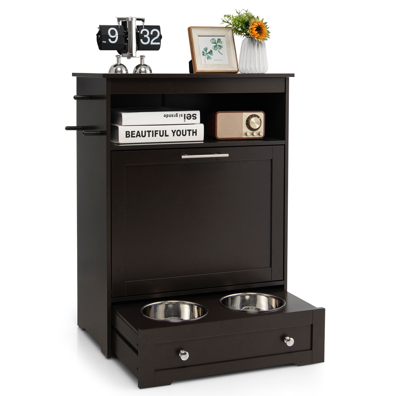 Tangkula Pet Feeding Station Furniture w/ Double Pull Out Dog Bowl Food Cabinet Coffee