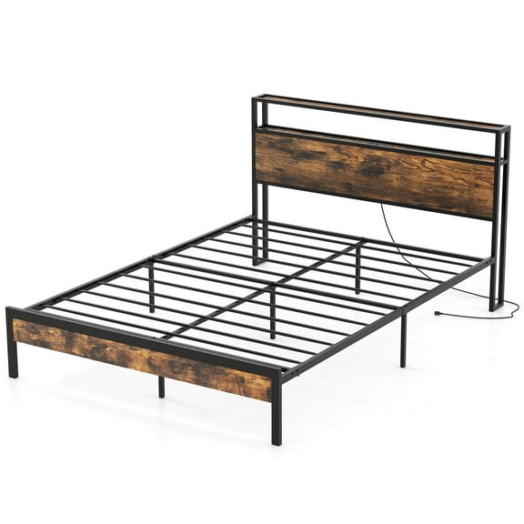 Infans Queen Bed Frame w/ Storage Headboard Charging Station 18W USB C Port Brown