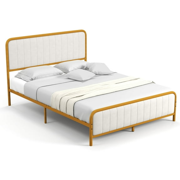 Infans Queen Gold Metal Bed Frame Upholstered Platform Bed with Velvet Headboard