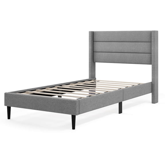Infans Twin Bed Frame with Wingback Headboard Linen Upholstered Platform Bed Grey