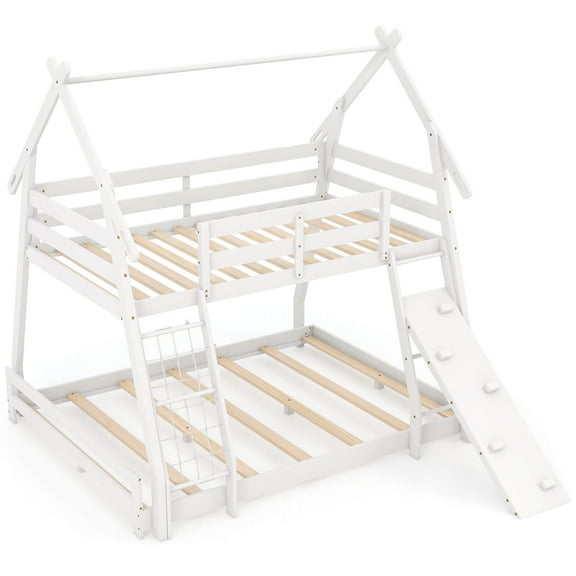 Infans Twin Over Queen Bunk Bed House Shaped Bed Frame with Climbing Nets and Ramp