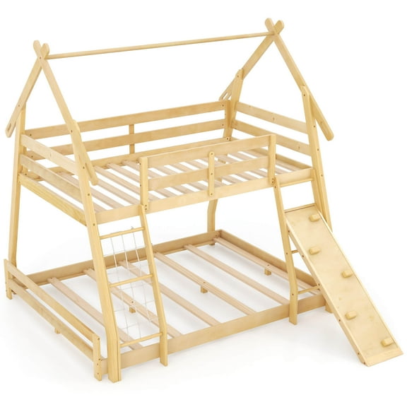 Infans Twin Over Queen Bunk Bed House Shaped Bed Frame with Climbing Nets and Ramp