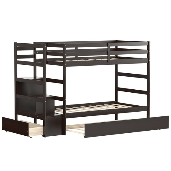 Infans Twin Over Twin Bunk Bed with Trundle Stairway and Storage Shelf Drawer Espresso