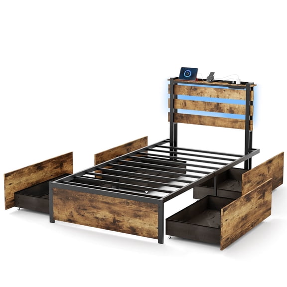 Infans Twin Size Bed Frame w/ Drawers LED Lights Outlets & USB Ports Smart APP Control
