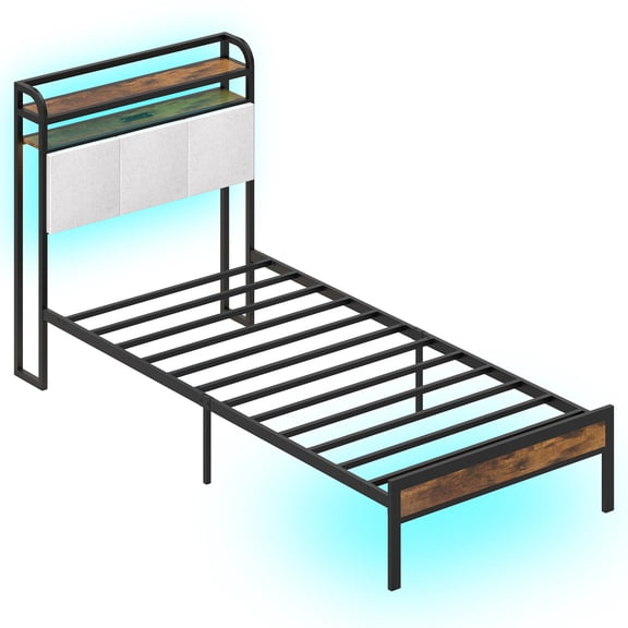 Infans Twin Size Bed Frame w/LED Light & Charging Station Heavy Duty Metal Platform Bed