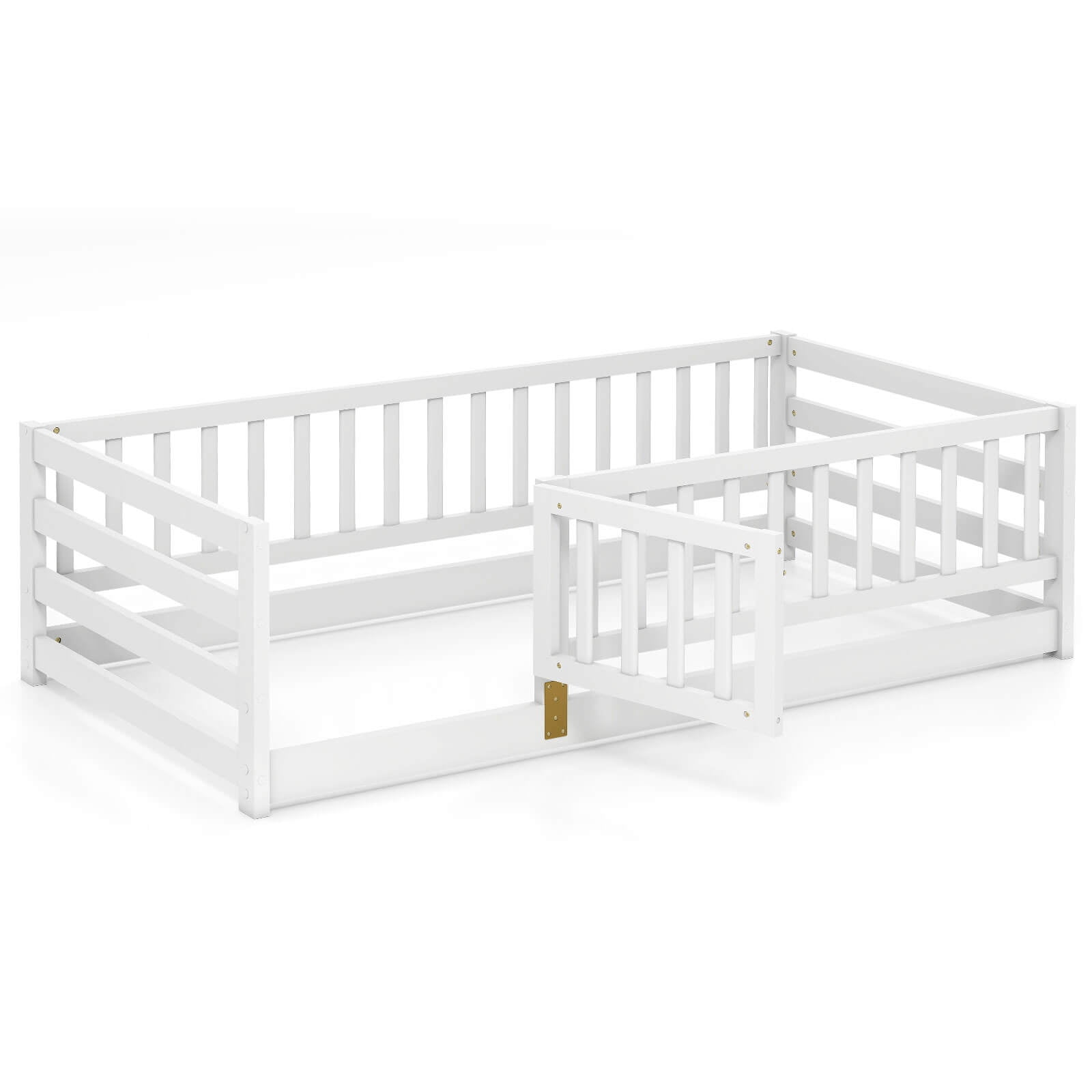 Infans Twin Size Floor Bed w/High Fence & Door Safety Guardrails Wood Floor Bed Frame
