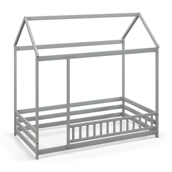 Infans Twin Size House Bed with Roof & Full-length Safety Guardrail Playhouse Bed Frame