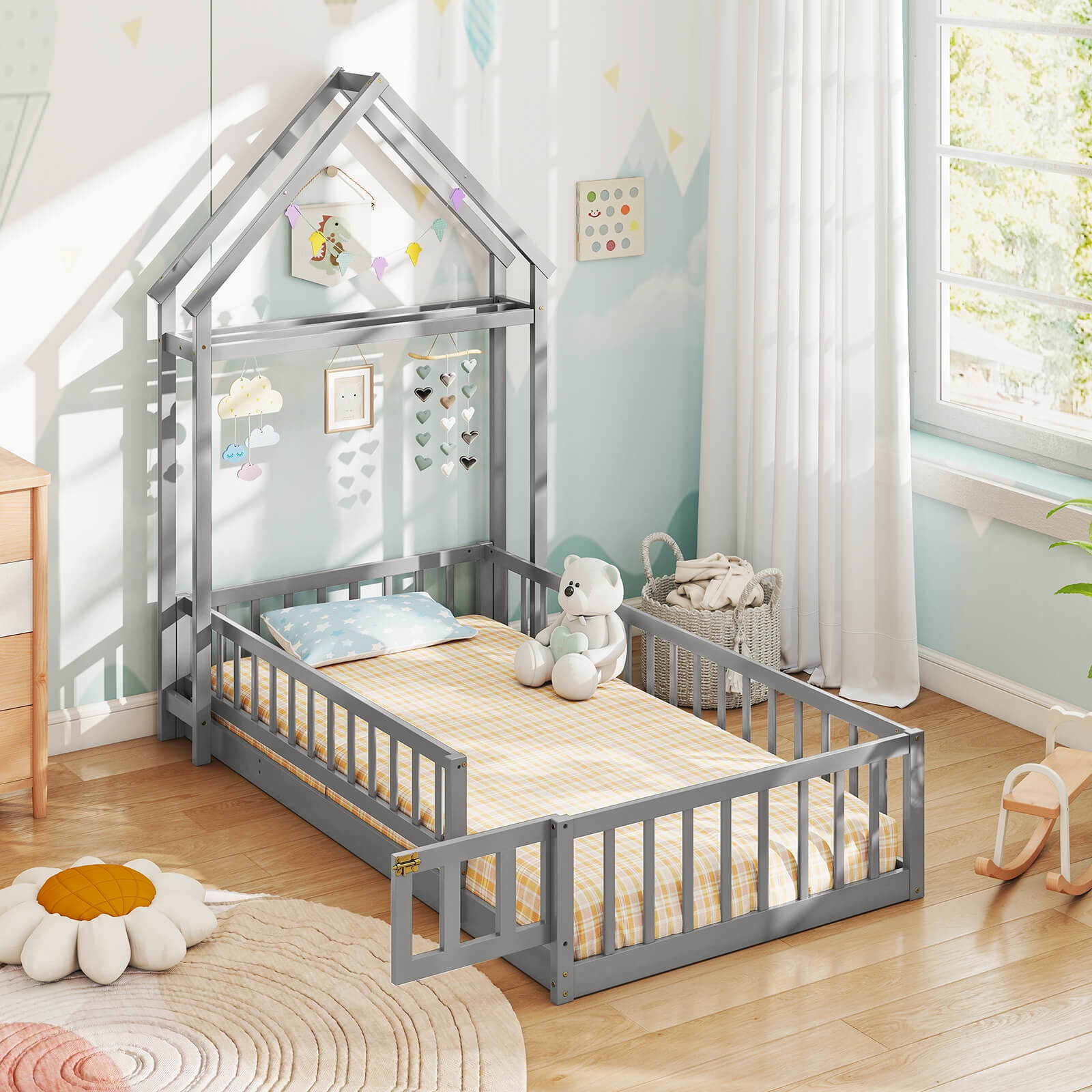 Infans Twin Size House Floor Bed w/House-shaped Headboard Clothes Hanger without Slats