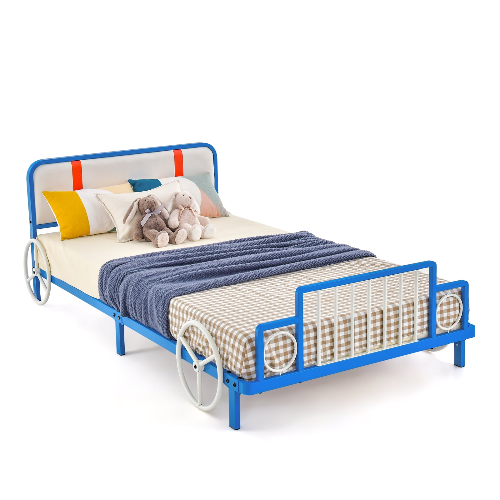 Infans Twin Size Kids Bed Frame Car Shaped Metal Platform Bed w