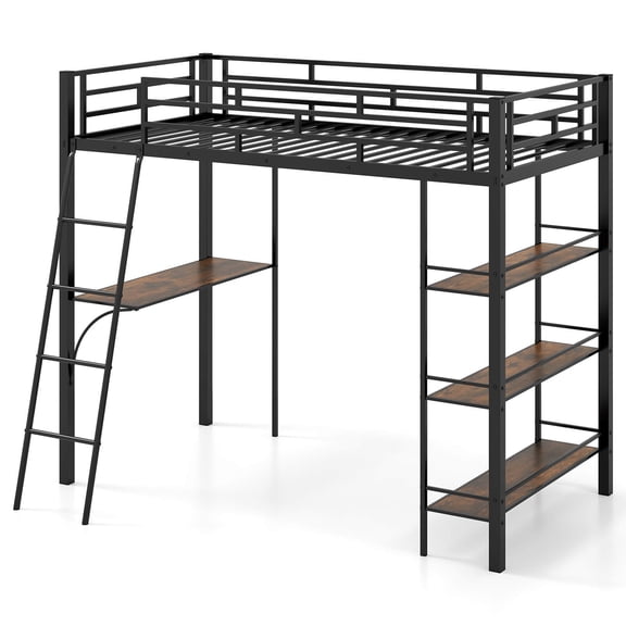 Infans Twin Size Loft Bed with Desk & Shelves Inclined Ladder & Full-length Guardrails