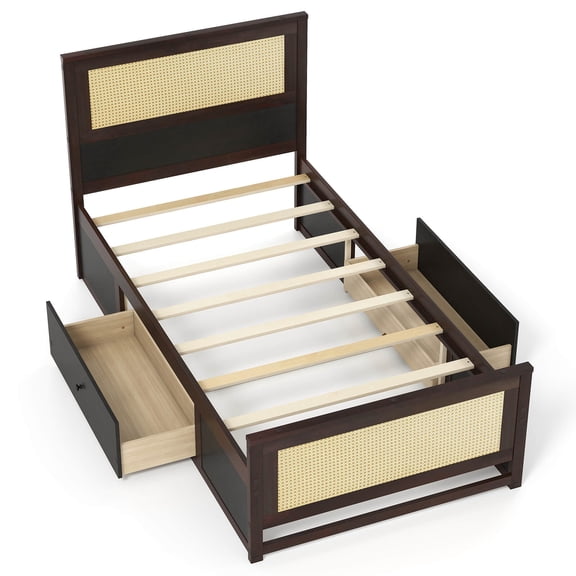 Infans Twin Size Rattan Bed Frame w/Storage Drawers, Rattan Woven Headboard & Footboard
