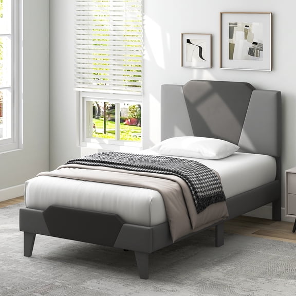 Infans Twin Size Upholstered Platform Bed Frame Velvet Headboard Mattress Foundation