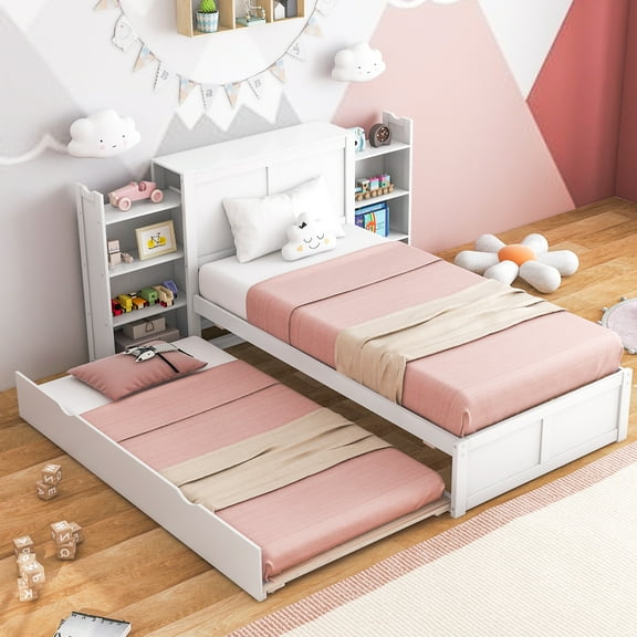 Infans Twin Wooden Platform Bed with Trundle Storage Headboard Pull Out Shelves White