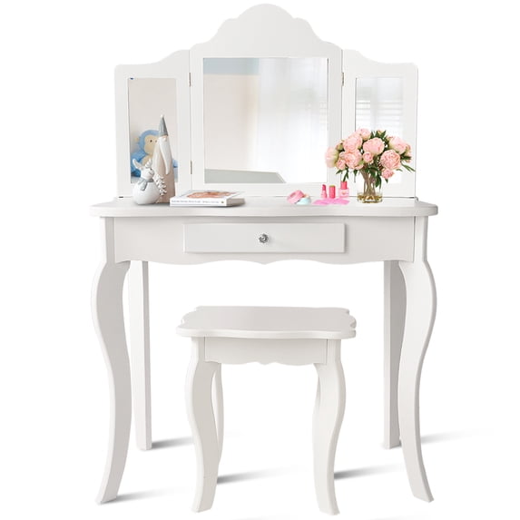 Infans Vanity Table Set Makeup Dressing Table Kids Girls Stool Mirror