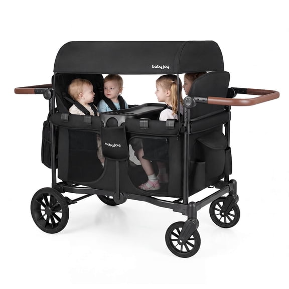 Infans Wagon Stroller, Foldable 4-Seater Push-Pull Toddler Stroller w/Removable Canopy